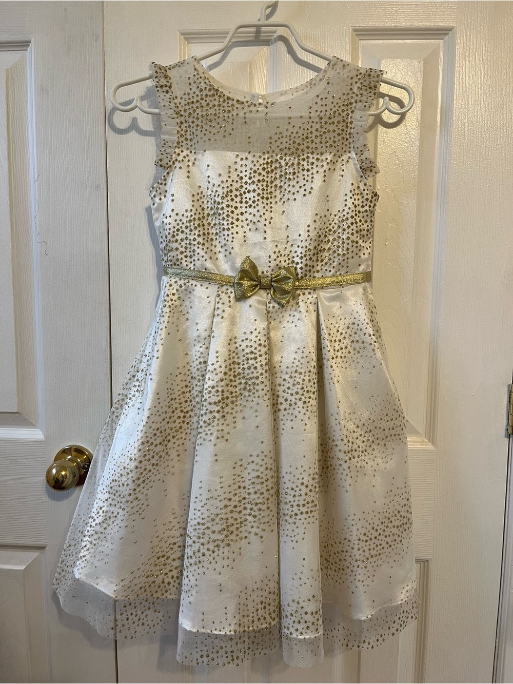Jona Michelle White and Gold Dot Tulle Party Dress with Bow